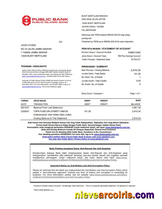 Malaysia Public Bank statement easy to fill in Excel and PDF format